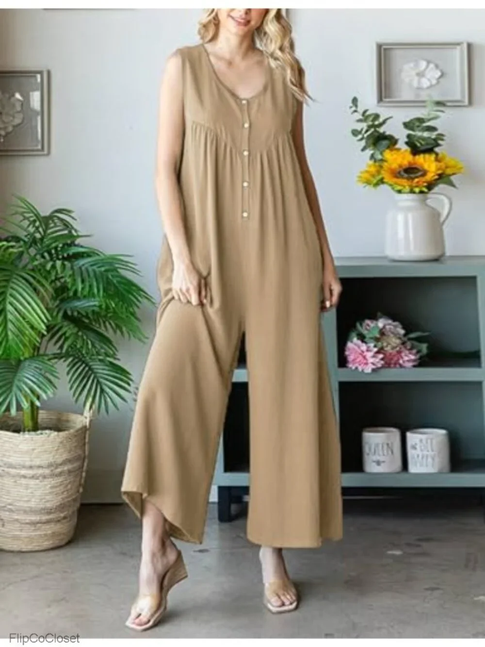 Womens Cotton Wide Leg Stretchy Jumpsuit Casual Romper Sleeveless